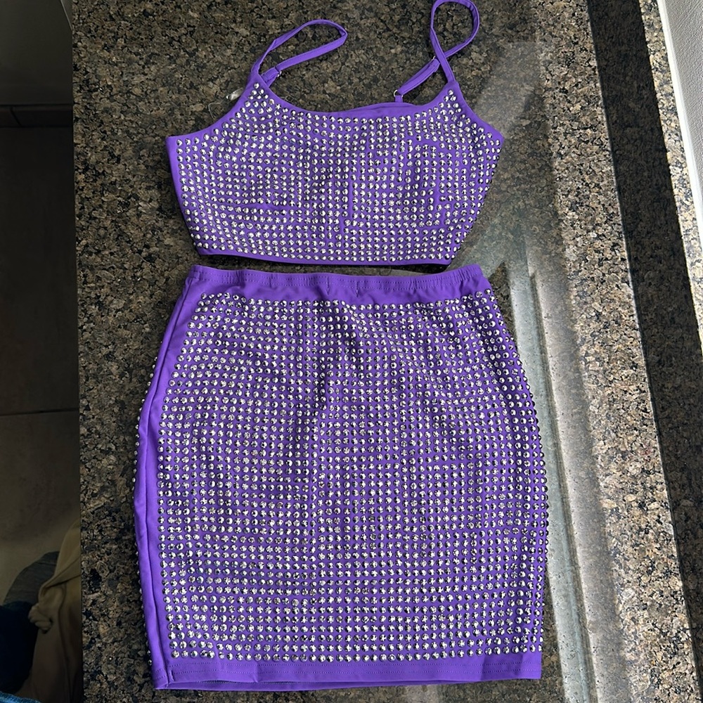 Hot & Delicious Purple Rhinestone Cami Top and Matching Skirt Small